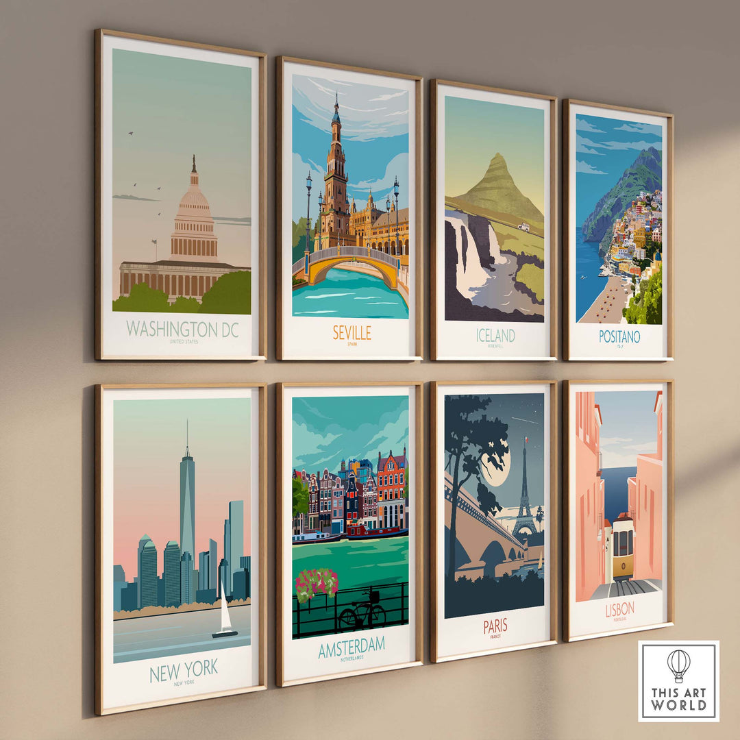 Collection of vintage travel poster prints featuring Washington DC, Seville, Iceland, Positano, New York, Amsterdam, Paris, and Lisbon.