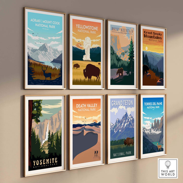 Collection of vintage travel posters featuring Aoraki Mount Cook and other national parks.