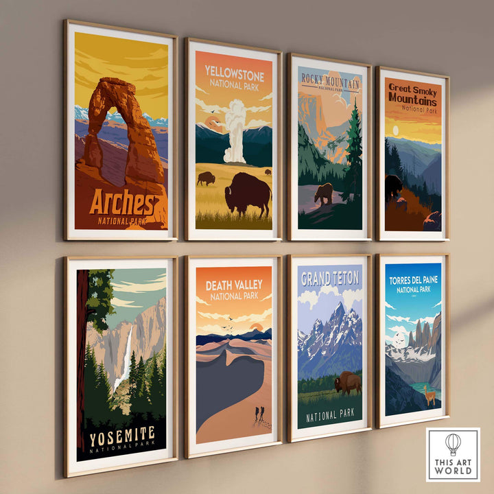 Gallery of vintage National Park prints including Arches, Yosemite, and Yellowstone, showcasing outdoor travel inspiration.