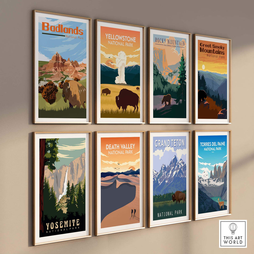 Collection of vintage-style National Park posters including Badlands and Yosemite for home decor.