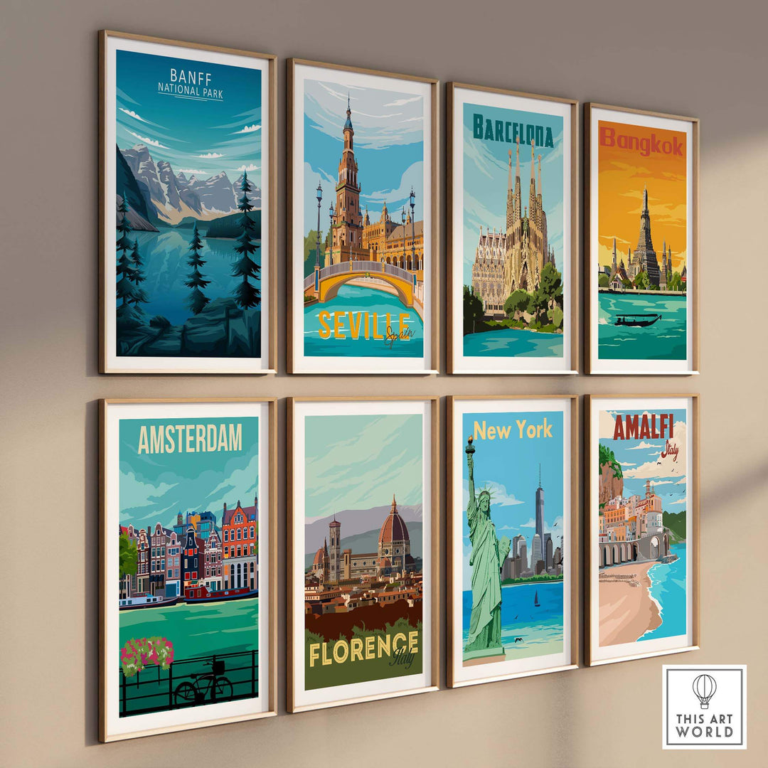 Colorful travel poster collage featuring Banff National Park and iconic city landmarks.