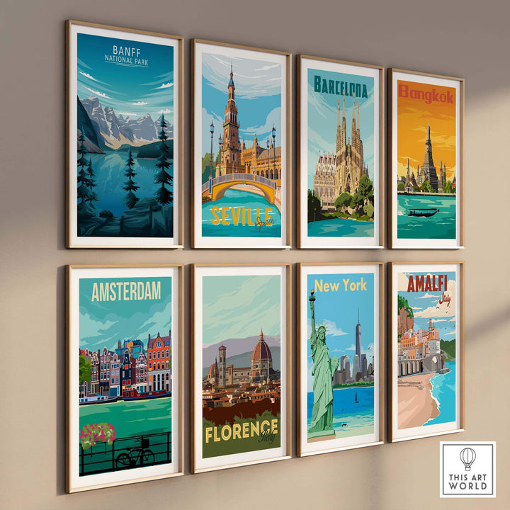 Colorful travel poster collage featuring Banff National Park and iconic city landmarks.