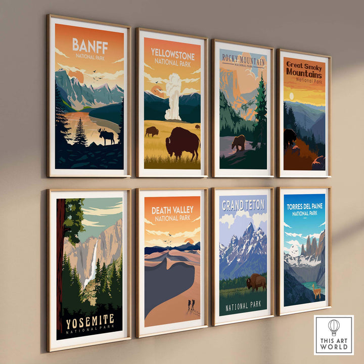 Collection of vintage-style national park posters including Banff, Yellowstone, and Yosemite for stylish wall decor.