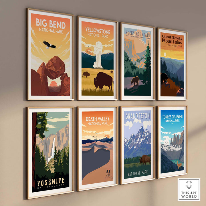 Big Bend and other National Park posters displayed in stylish frames on a wall.