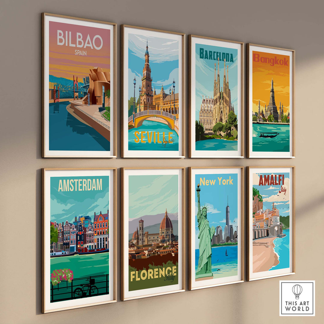 Collection of vintage travel poster prints featuring Bilbao, Barcelona, Bangkok, Seville, Amsterdam, Florence, New York, and Amalfi.