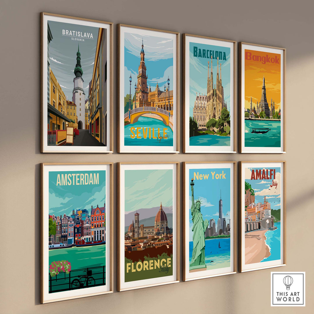 Collection of framed travel posters including Bratislava, Barcelona, and New York in a stylish display.