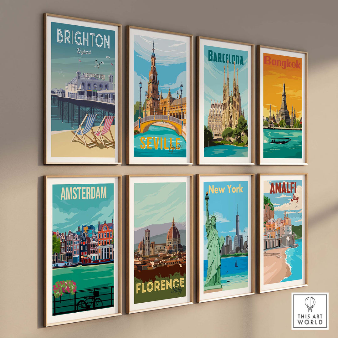 Brighton Wall Art Print featuring seaside landmarks and art deco architecture in a stylish gallery layout.