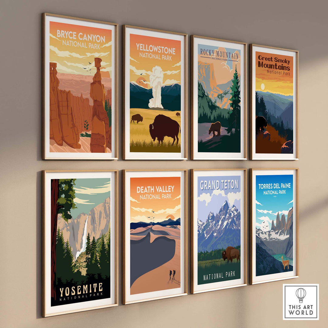 Framed national park posters including Bryce Canyon, Yellowstone, and more in a stylish display.