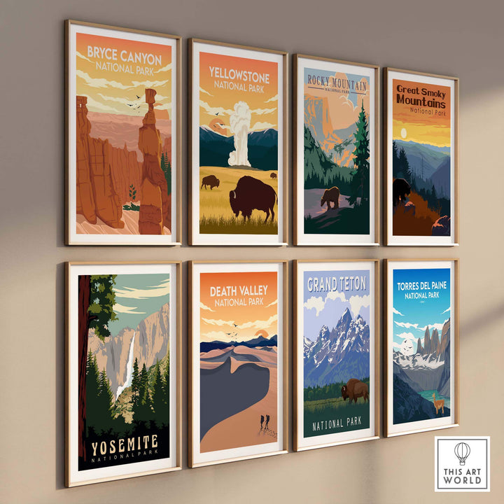 Framed national park posters including Bryce Canyon, Yellowstone, and more in a stylish display.