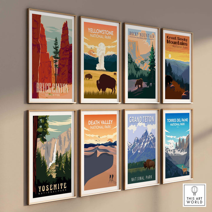 Collection of vintage-style national park prints including Grand Teton, Yosemite, and Yellowstone framed on a wall.