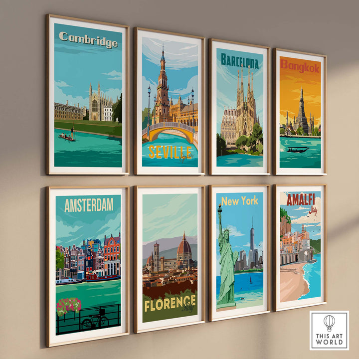 Collection of vintage travel poster prints featuring Cambridge, Barcelona, Bangkok, and other iconic cities.