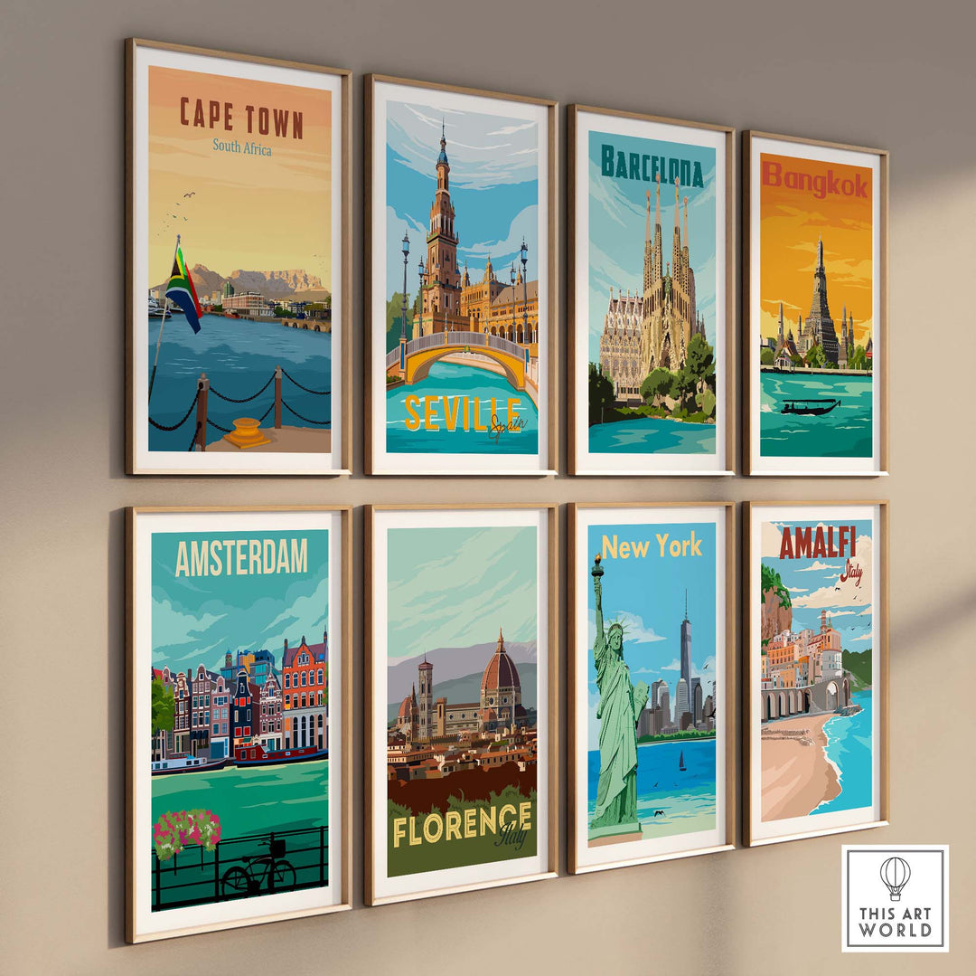 Colorful collection of vintage travel poster prints featuring Cape Town, Barcelona, Bangkok, and more, displayed in stylish frames.