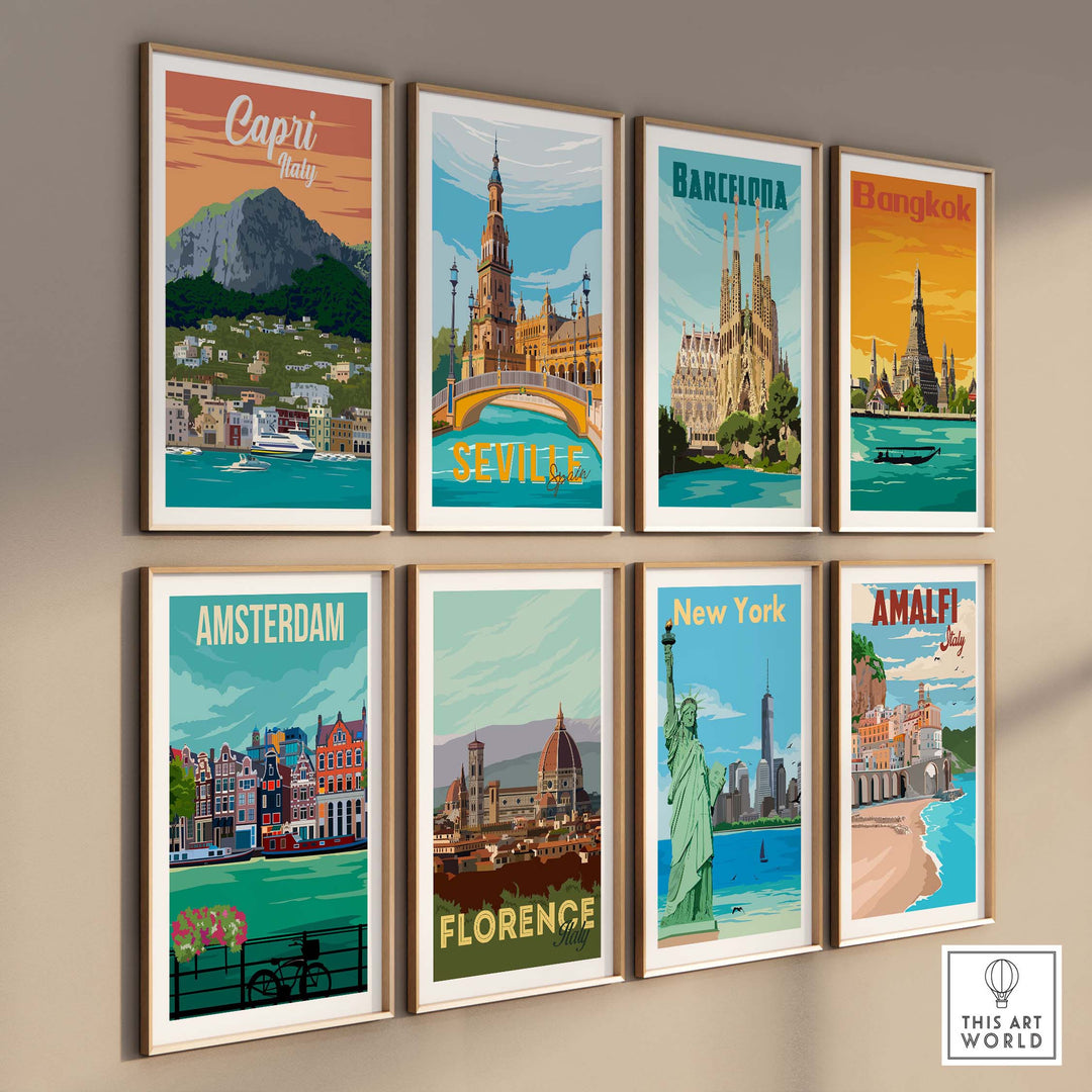Collection of vintage travel poster prints featuring Capri, Seville, Barcelona, and more, styled in modern frames.