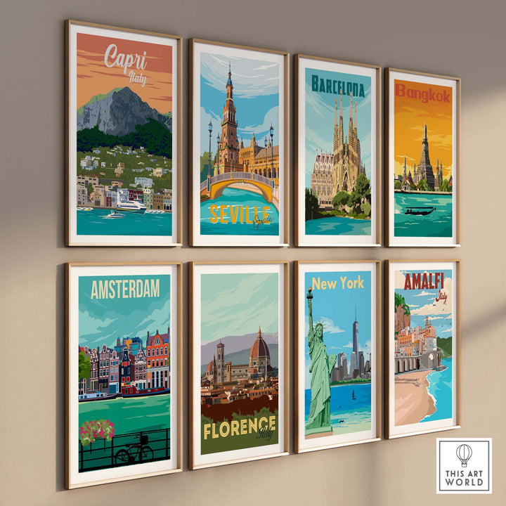 Collection of vintage travel poster prints featuring Capri, Seville, Barcelona, and more, styled in modern frames.