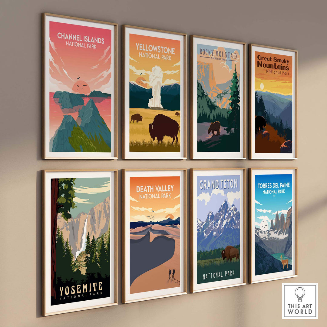 Set of vintage National Park posters featuring Channel Islands, Yellowstone, and Yosemite among others, framed on a wall.