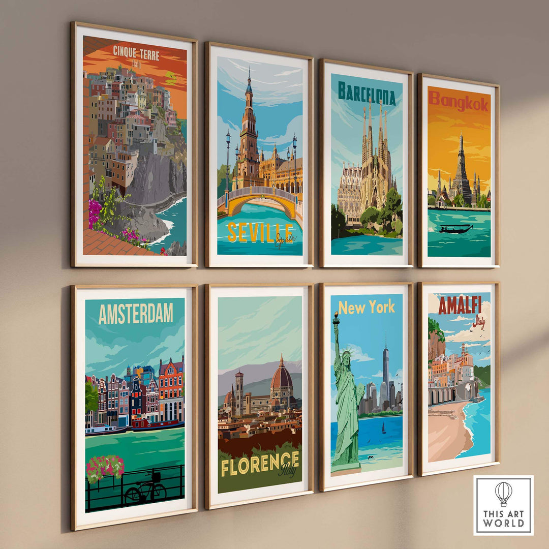 Colorful vintage travel poster prints of Cinque Terre, Barcelona, Seville, Amsterdam, Florence, New York, Bangkok, and Amalfi.