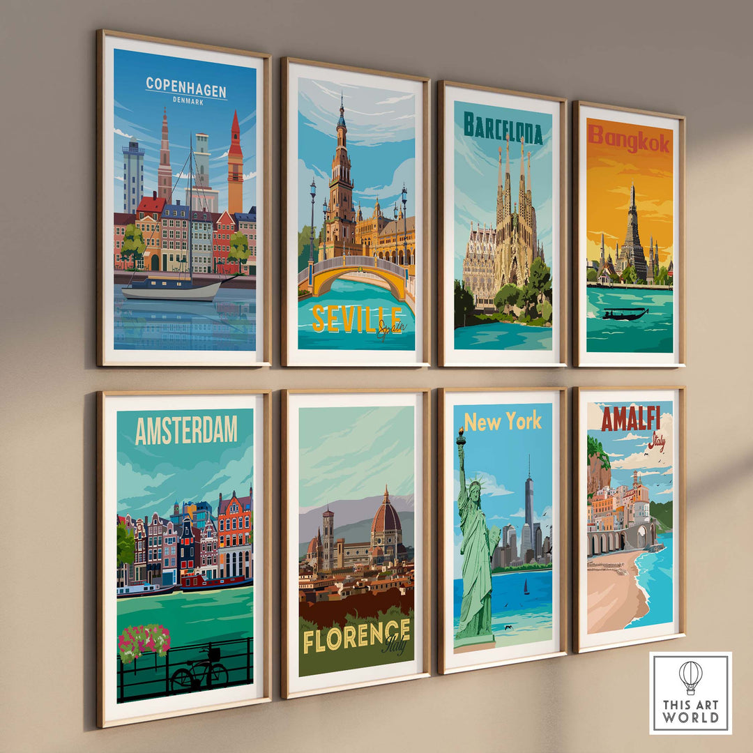 A collection of vintage-inspired travel posters featuring Copenhagen, Barcelona, Bangkok, Seville, Amsterdam, Florence, New York, and Amalfi.