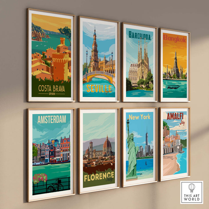 Colorful travel poster prints featuring Costa Brava, Seville, Barcelona, Bangkok, Amsterdam, Florence, New York, and Amalfi.