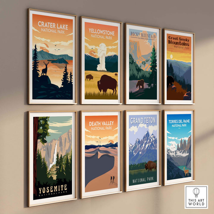 Collection of National Park posters featuring Crater Lake, Yellowstone, and more in minimalist style.