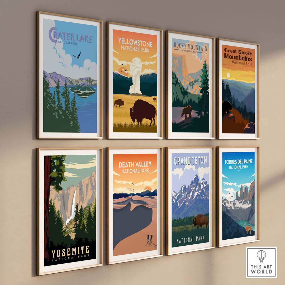 Collection of vintage-style National Park prints including Crater Lake, Yellowstone, and Yosemite displayed in frames.