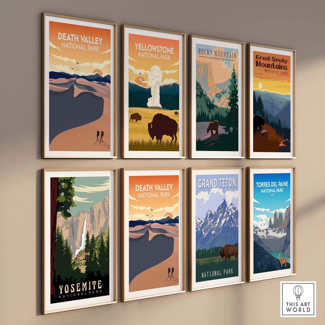 Collection of National Park posters featuring Death Valley, Yosemite, and more in minimalist style.