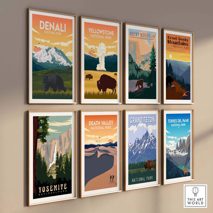 Collection of National Park posters featuring Denali, Yellowstone, and more in a minimalist style.