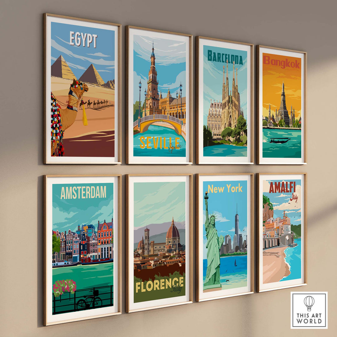 Collection of vintage travel posters including Egypt, Barcelona, and more, framed stylishly on a wall.