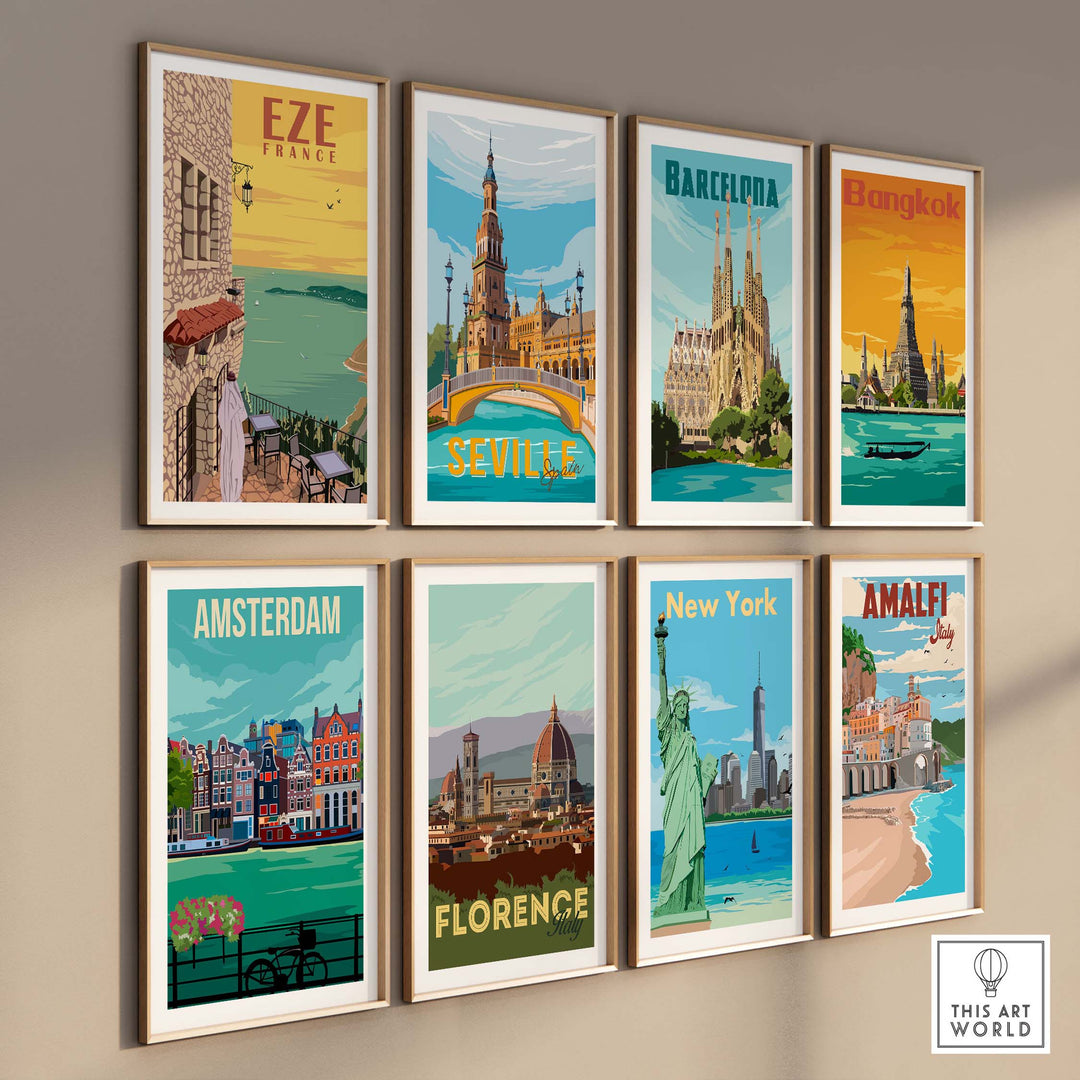 Eze France Poster Print Wall Art collection featuring vintage travel designs from various cities.