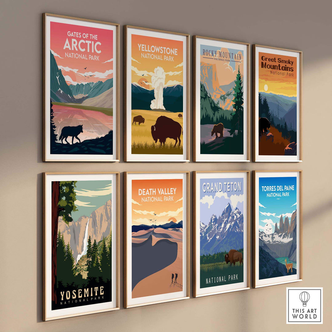 Gallery of vintage national park posters including Gates of the Arctic, Yellowstone, and Yosemite.
