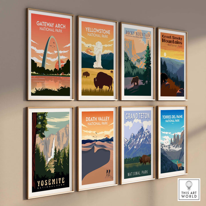 Collection of vintage style National Park posters featuring Gateway Arch, Yellowstone, and others.