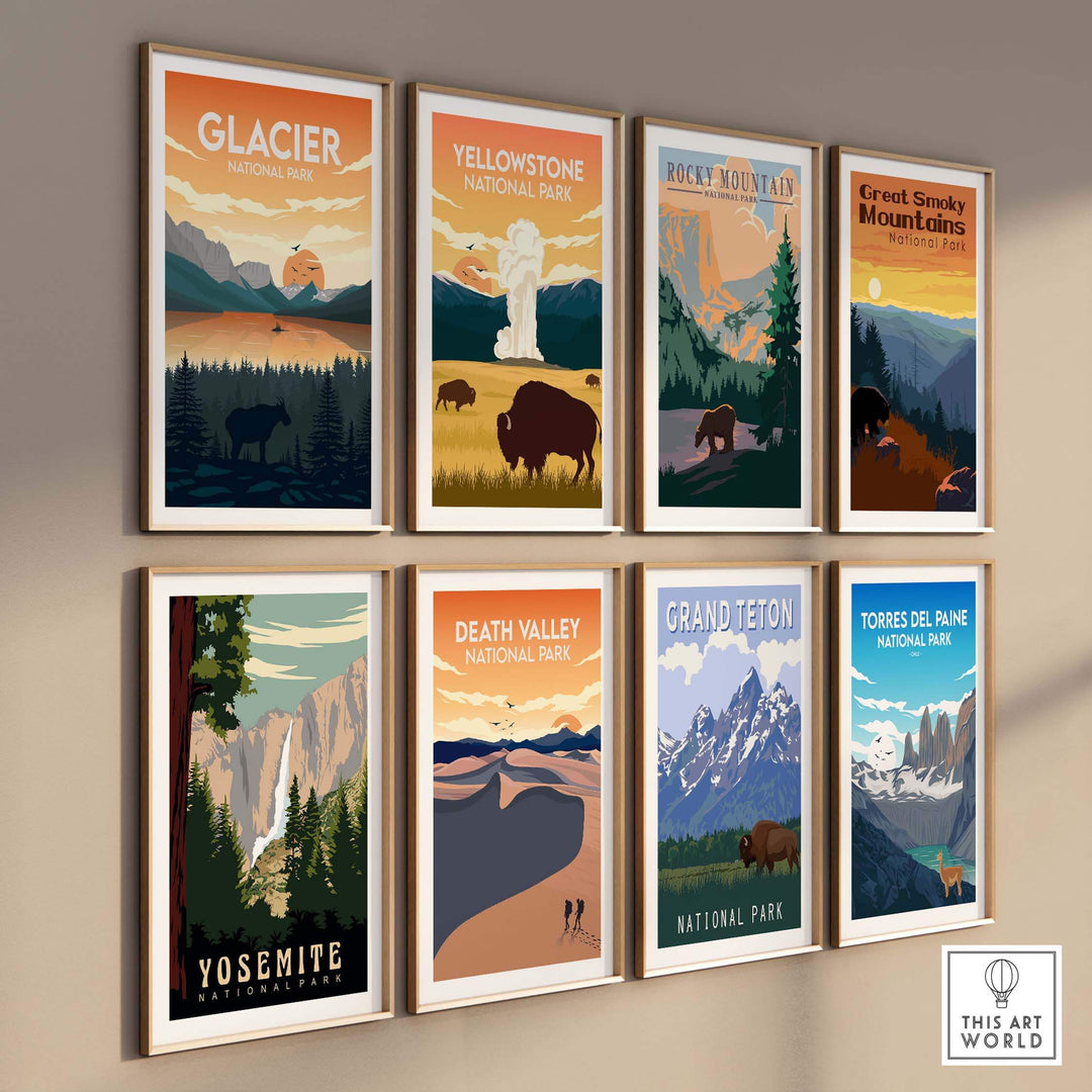 Gallery of National Park posters featuring Glacier, Yellowstone, Rocky Mountain, and others in minimalist style.