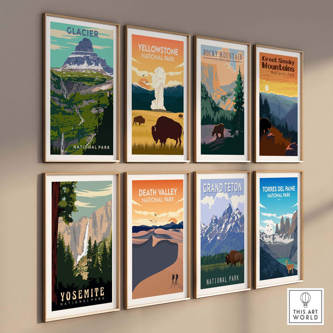 Gallery of vintage-inspired National Park prints including Glacier, Yellowstone, and more in stylish frames.