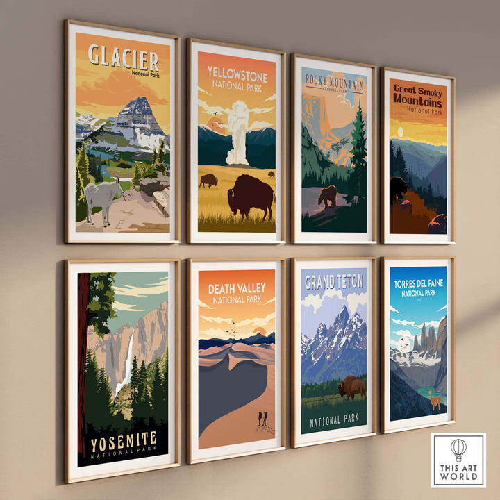Collection of vintage National Park poster prints, including Glacier and Yosemite, displayed on a wall.