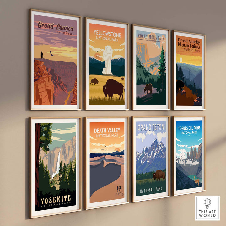 Grand Canyon National Park print collection featuring vintage-style posters of iconic US parks on a gallery wall.