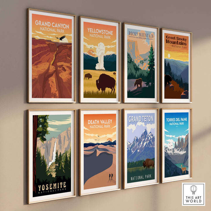 Grand Canyon and other National Park posters framed on a wall, showcasing minimalist outdoor art.