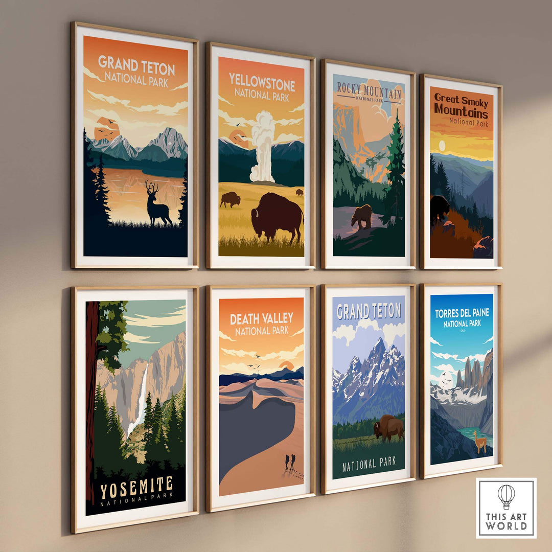 Collection of vintage National Park posters, featuring Grand Teton, Yosemite, and more, displayed in stylish frames.