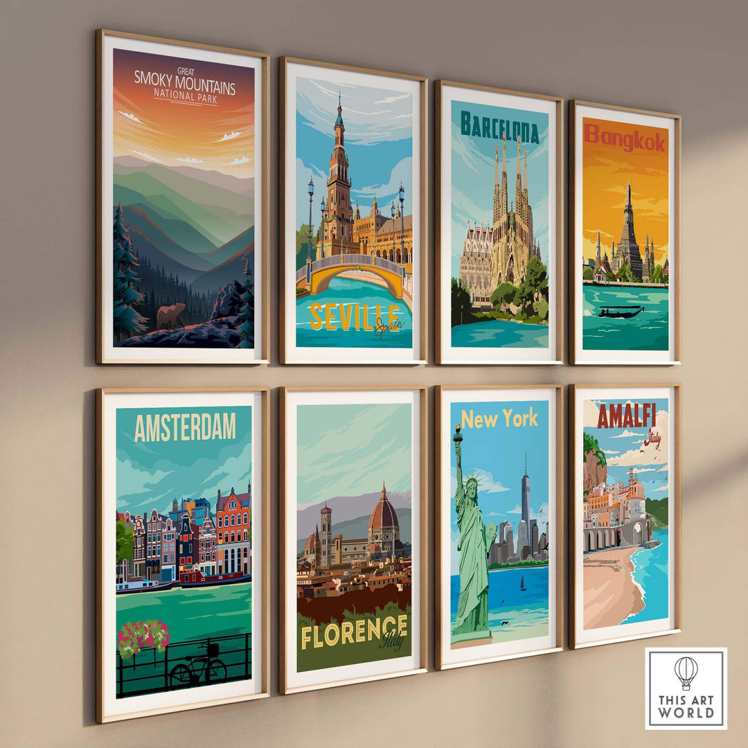 Gallery of travel posters featuring Great Smoky Mountains, Barcelona, Bangkok, Amsterdam, Florence, New York, Seville, and Amalfi.