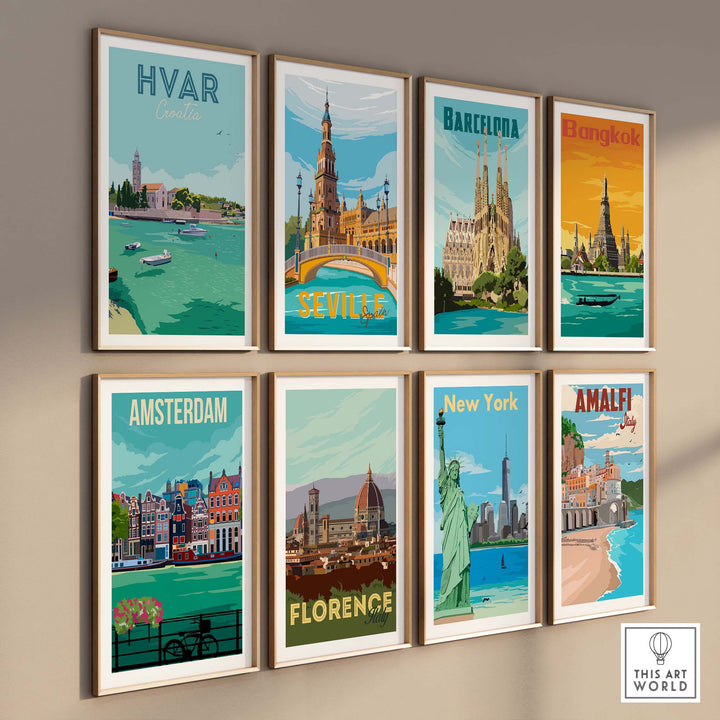 Nine vintage travel posters featuring Hvar, Barcelona, Bangkok, Seville, Amsterdam, Florence, New York, and Amalfi.