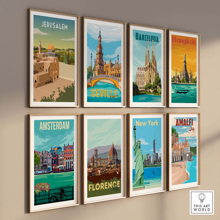 Collection of colorful travel poster prints featuring Jerusalem, Barcelona, Bangkok, Seville, Amsterdam, Florence, New York, and Amalfi.