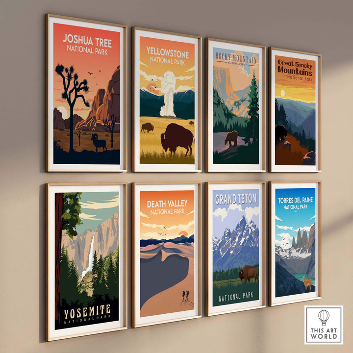Collection of National Park posters featuring Joshua Tree, Yellowstone, and more in minimalist frames.
