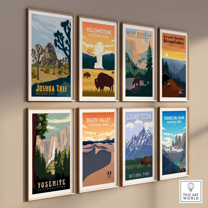 Collection of national park posters featuring Joshua Tree, Yellowstone, Yosemite, and more on a gallery wall.