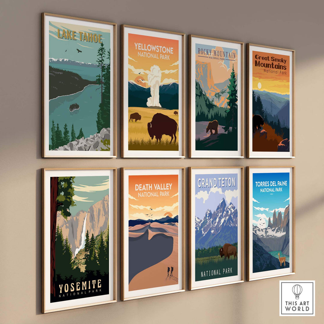 Collection of vintage national park prints including Lake Tahoe, Yosemite, and Yellowstone, styled in framed artwork.