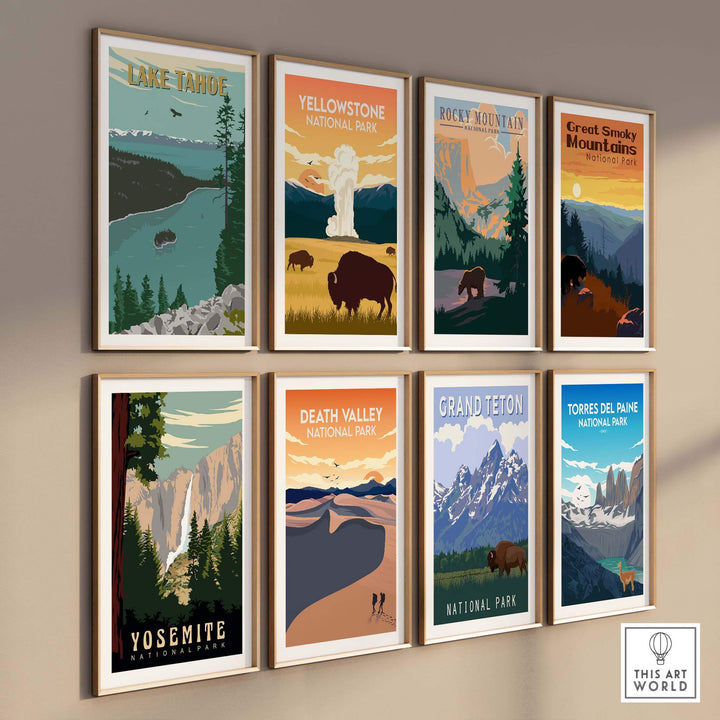 Collection of vintage national park prints including Lake Tahoe, Yosemite, and Yellowstone, styled in framed artwork.