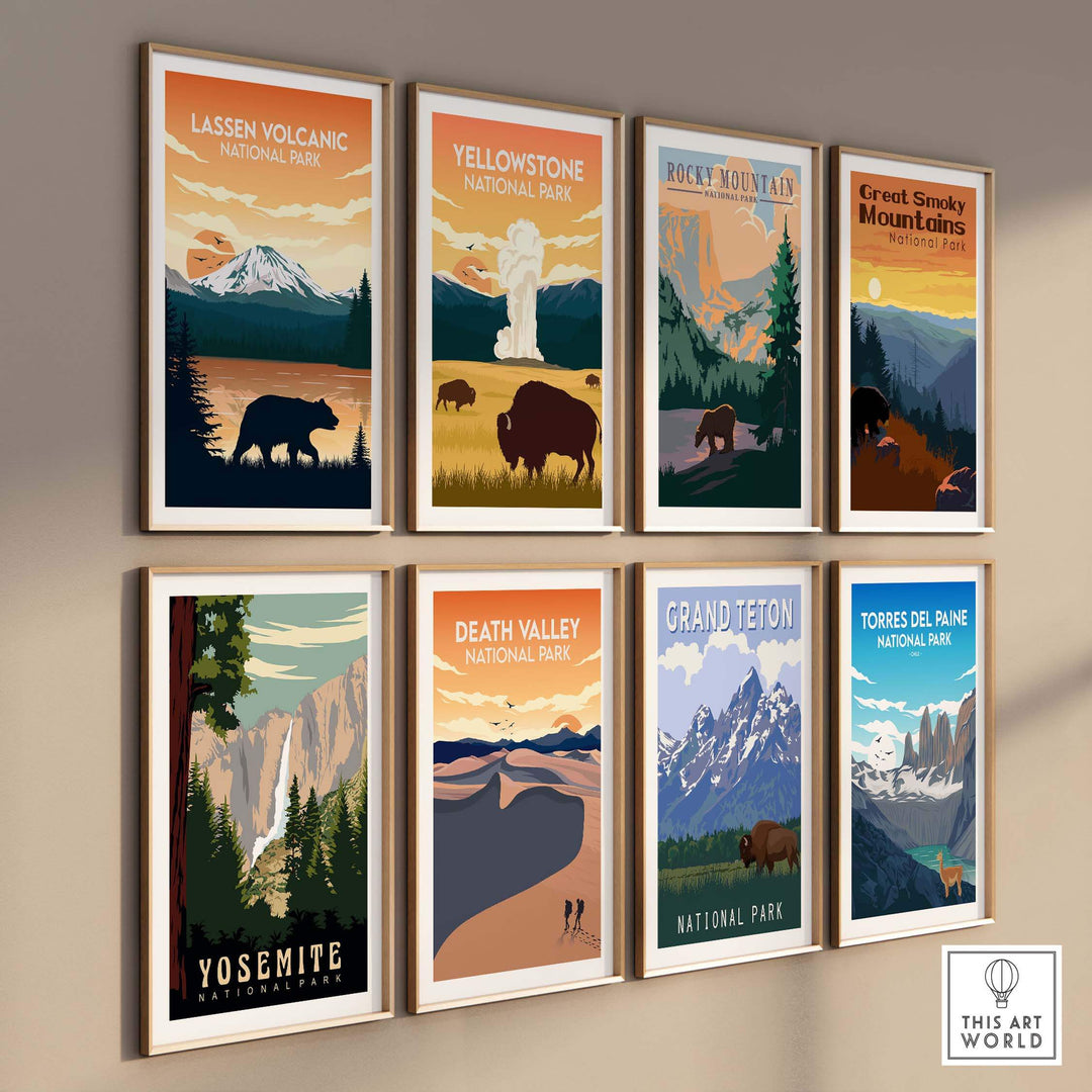 Collection of National Park posters featuring Lassen Volcanic, Yellowstone, and Yosemite in minimalist design.