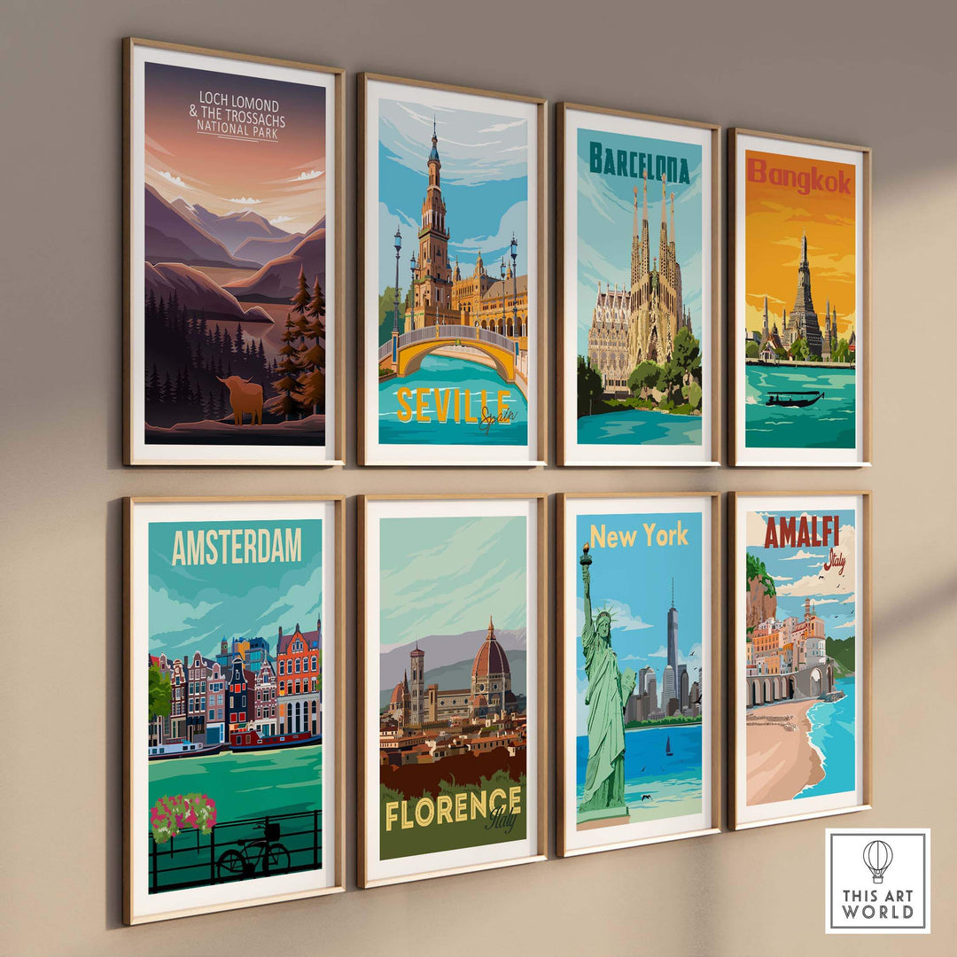 Framed travel posters including Loch Lomond and The Trossachs, Seville, and New York, showcasing minimalist art style.
