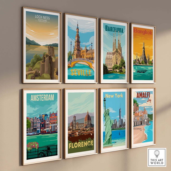 Gallery of vintage travel posters including Loch Ness, Barcelona, and New York, perfect for home decor.