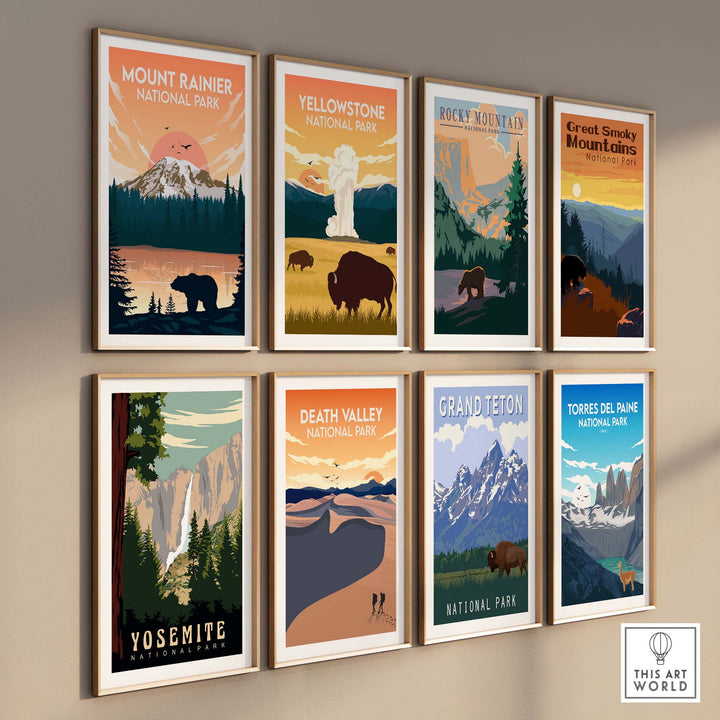 Collection of national park posters including Mount Rainier, Rocky Mountain, and Yosemite in framed artwork.