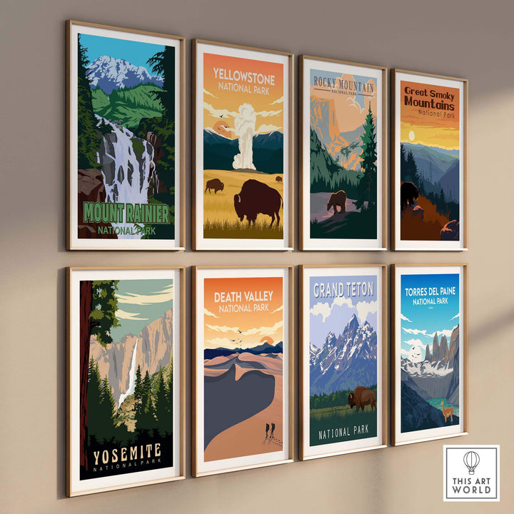 Collection of vintage national park prints including Mount Rainier, Yosemite, and Grand Teton, framed for wall decor.