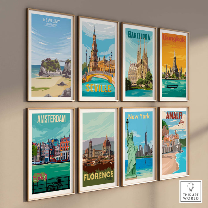 Collection of vintage travel posters featuring Newquay, Barcelona, Bangkok, Seville, Amsterdam, Florence, New York, and Amalfi.