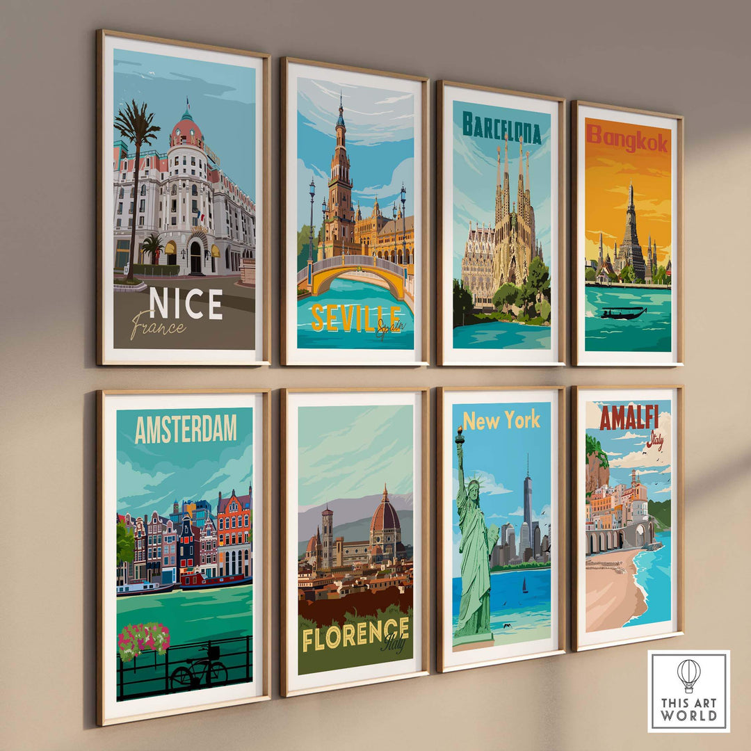 Collection of vintage travel posters featuring Nice, Seville, Barcelona, Bangkok, Amsterdam, Florence, New York, and Amalfi.